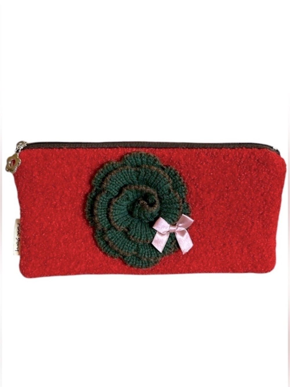 Pink Story Felted Wool Clutch Pouch in Burnt Orange with Knit Flower Accent